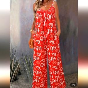 Plus Size Christmas Jumpsuit, Women's Plus Allover Letter & Snowflake Print 5x